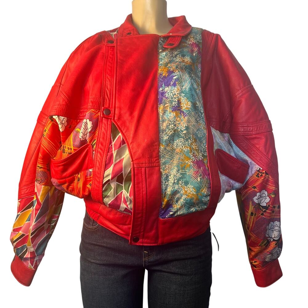 Sanzzini, Red Leather Patchwork 90's Oversized Ja… - image 1
